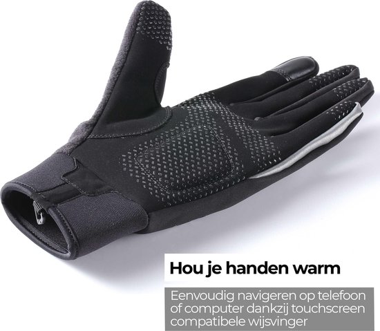 Zwarte fietshandschoen met siliconen grip, reflecterende details en touchscreen compatibele vingertoppen.