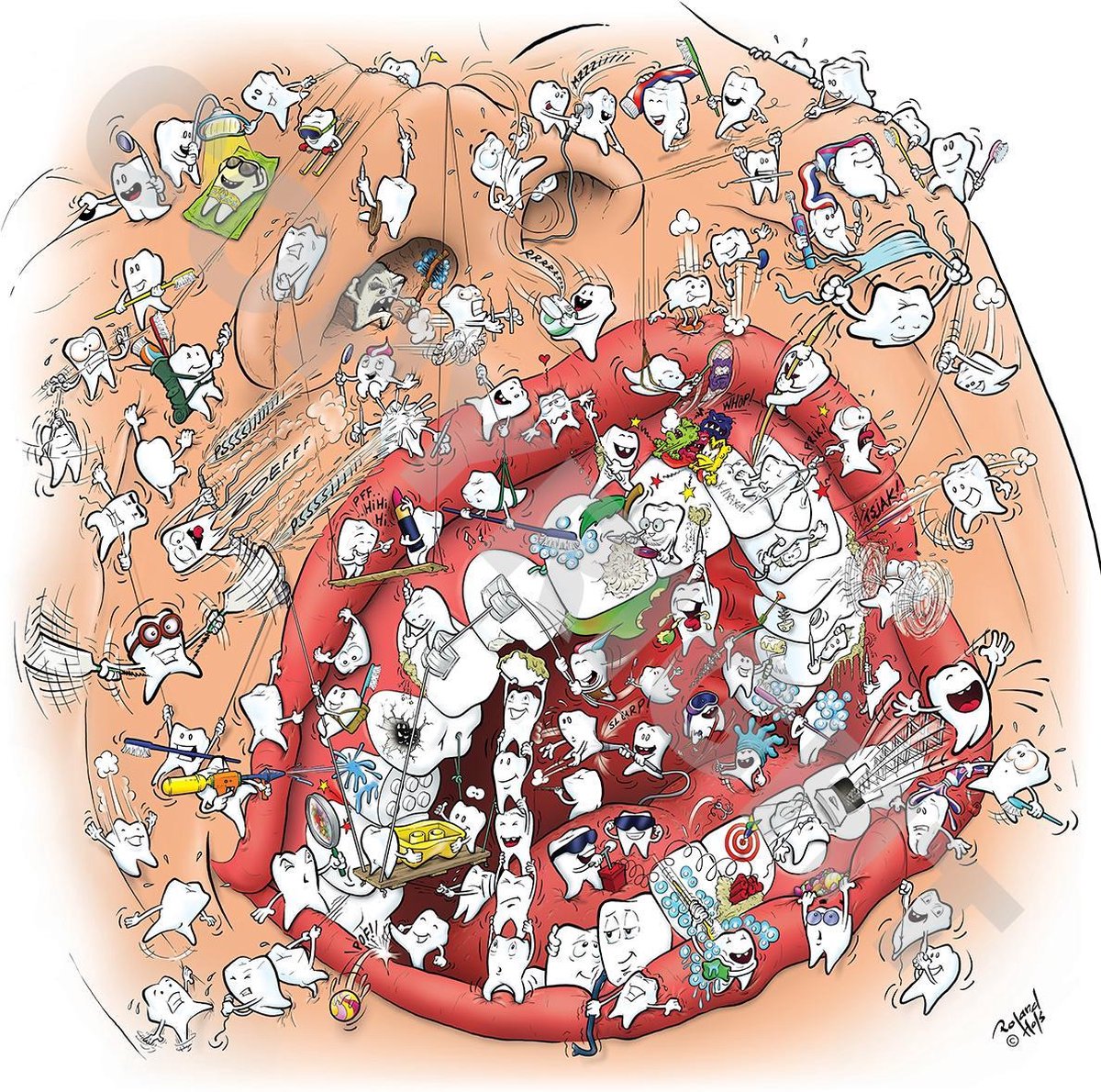 Cartoon plafondplaat - Poster - Roland Hols - Gebitszorg - 60 x 60 cm - Forex 5 mm dik - Tandarts - Orthodontist - Mondhygiënist - voor boven de behandelstoel