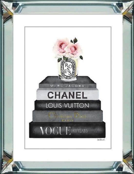 70 x 90 cm - Spiegellijst met prent - Parfum met boeken van luxe modemerken - prent achter glas