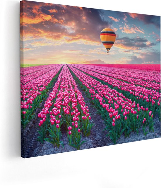 Artaza - Peinture sur toile - Champ de fleurs avec tulipes roses - Montgolfière - 100 x 80 - Groot - Photo sur toile - Impression sur toile