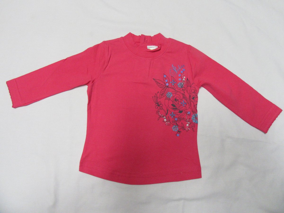 dirkje , meisje, t-shirt lange mouw , fuchia met bloem , 86 - 18 maand