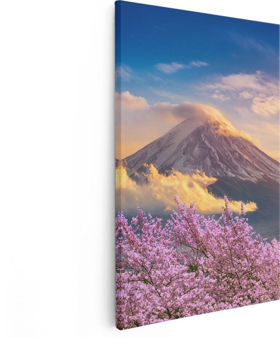Artaza Canvas Schilderij Fuji Berg Met Roze Bloesembomen - Bloemen - 80x120 - Groot - Foto Op Canvas - Canvas Print