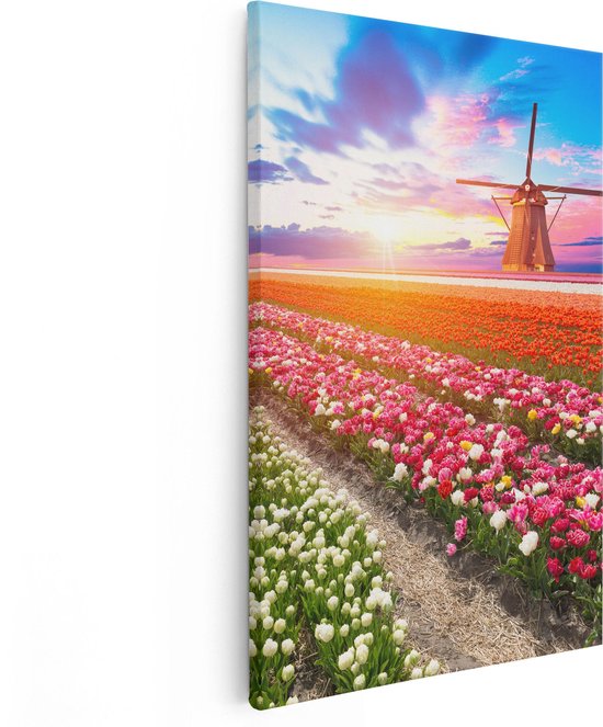 Artaza Canvas Schilderij Kleurrijke Bloemenveld Met Een Windmolen - 80x120 - Groot - Foto Op Canvas - Canvas Print