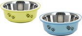 2 stuks hondenvoer- en drinkbak  14 cm 0,4 liter RVS  geel en blauw