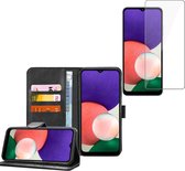 Hoesje geschikt voor Samsung Galaxy A22 5G - Screenprotector Glas - Book Case Portemonnee Hoesje Zwart