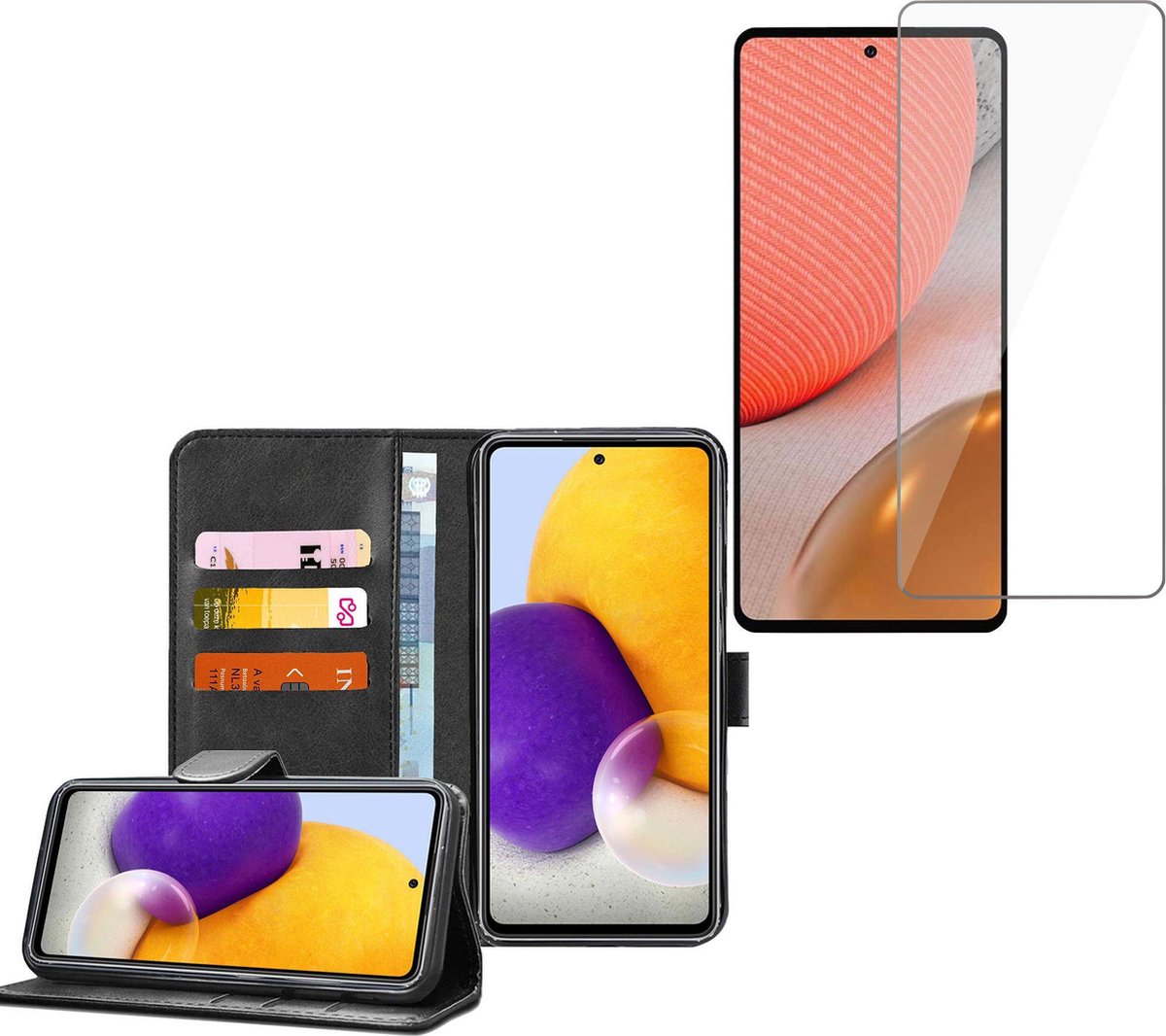 Hoesje geschikt voor Samsung Galaxy A42 - Screenprotector Glas - Book Case Portemonnee Hoesje Zwart