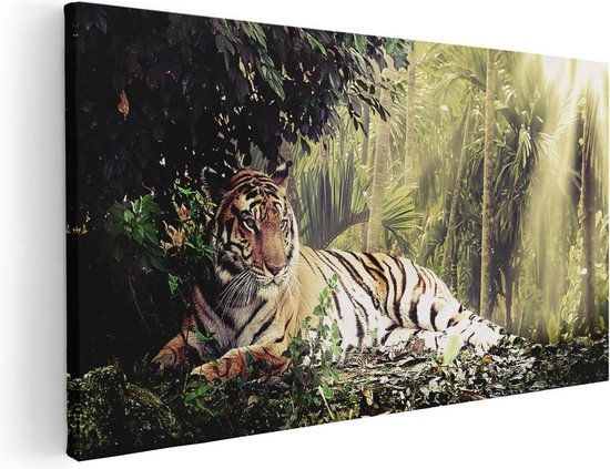Artaza Canvas Schilderij Tijger In De Jungle Met Zonneschijn - 120x60 - Groot - Foto Op Canvas - Canvas Print
