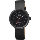 Mooi modern antraciet kleurig horloge van Q&Q model qc24j505y 3atm waterdicht , zwart lederen band