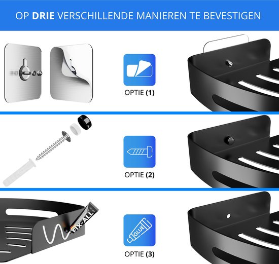 Doucherek 2 stuks - Douchemand - Hangend Hoek - Telescopisch - Zonder Boren - Zwart - RVS - Nevana