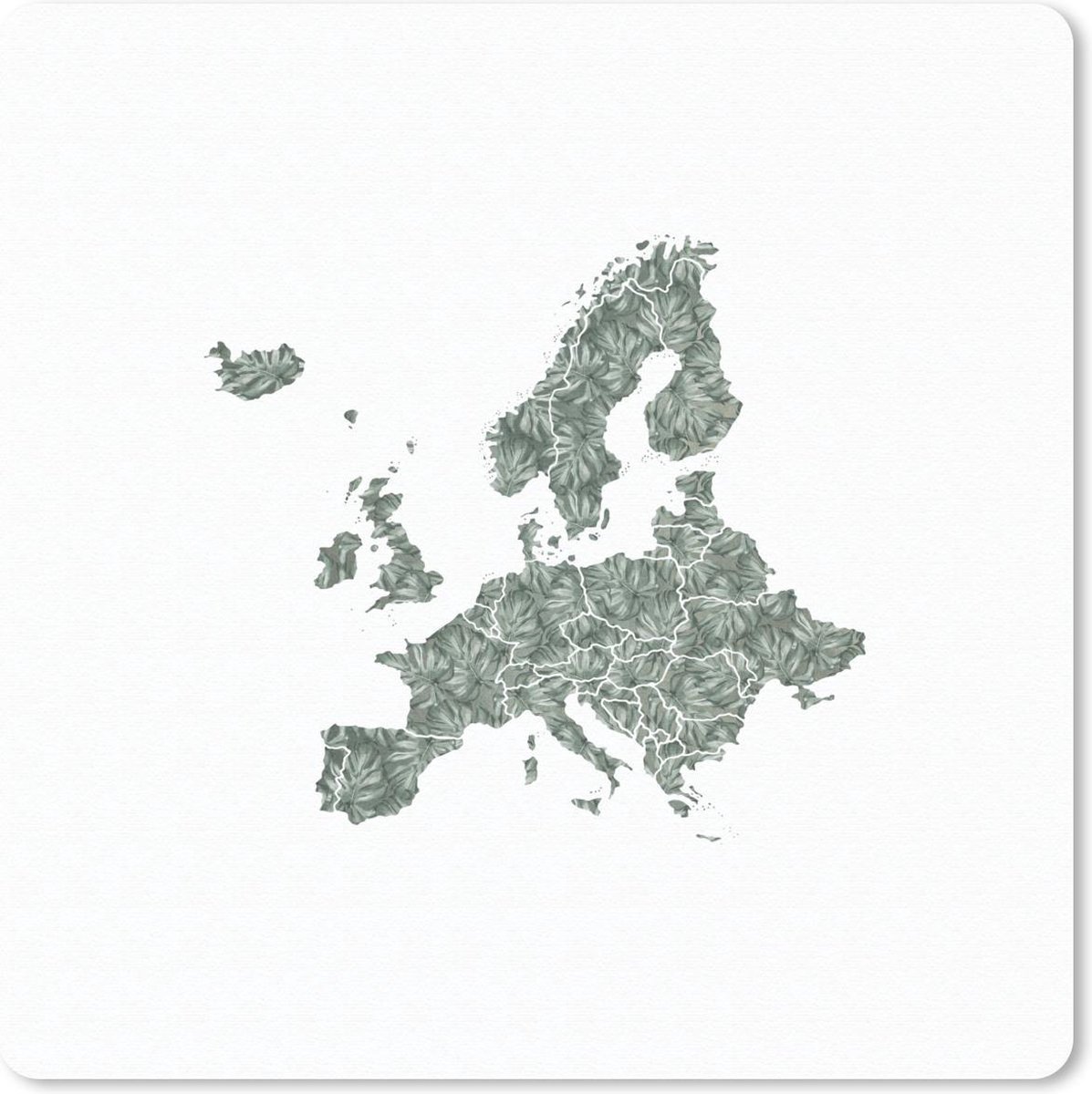 Muismat 20x20 cm - Mousepad Europa kaart - Bladeren - Grijs - Muismatten