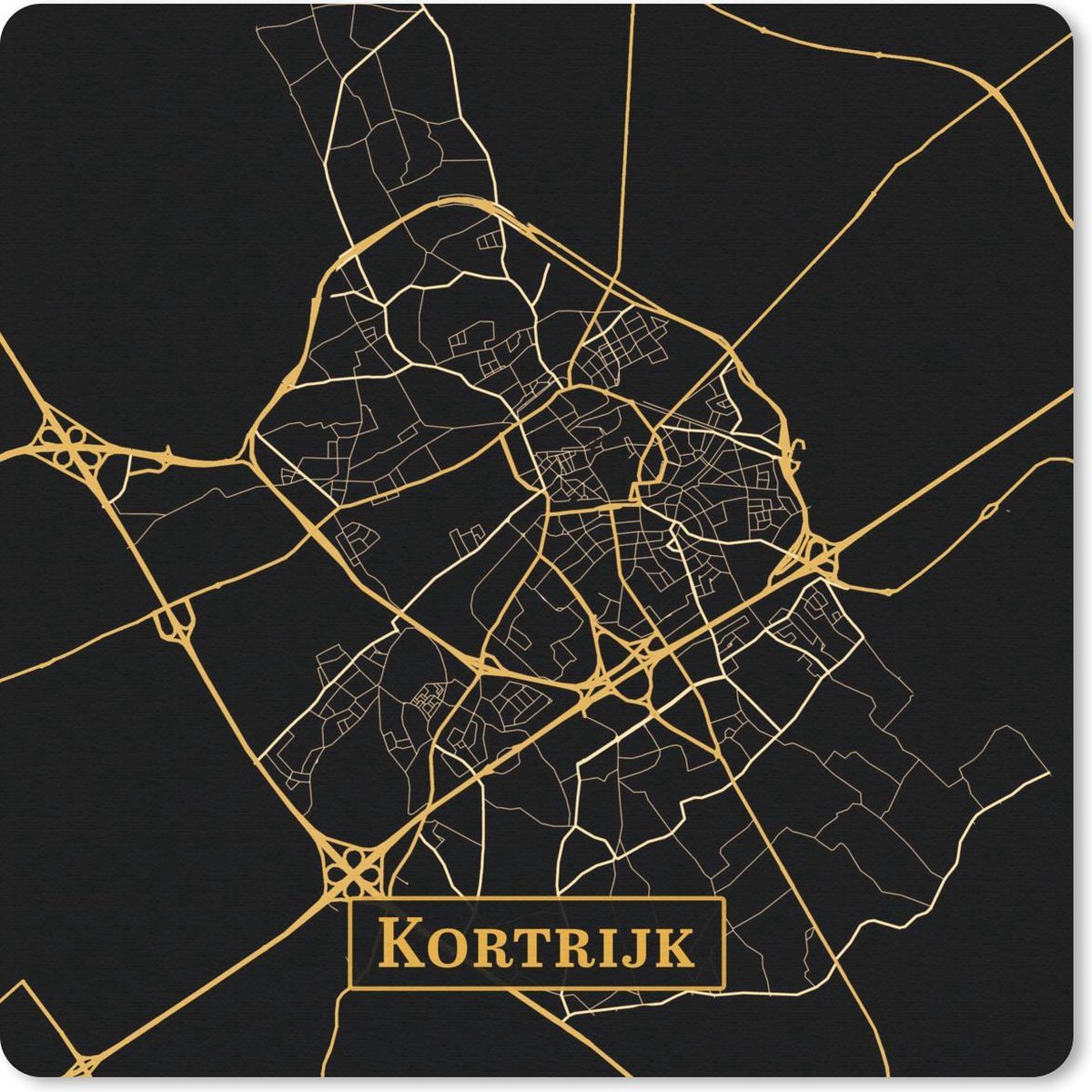 Muismat 30x30 cm - Mousepad Kaart - Kortrijk - Zwart - Goud - Muismatten