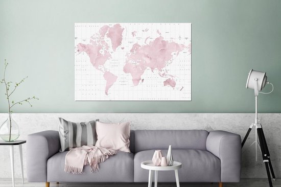 Décoration murale Métal - Peinture Aluminium Industrielle - Wereldkaart - Rose - Marbre - 120x80 cm - Dibond - Photo sur aluminium - Décoration murale industrielle - Pour le salon / chambre