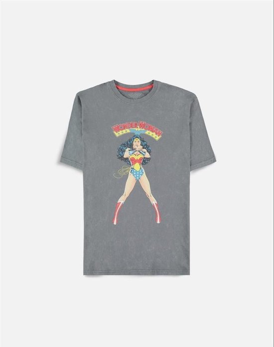 Grijs T-shirt met vintage look en opdruk van Wonder Woman in haar klassieke outfit.