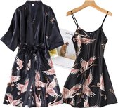 Badjas Dames - Set - Kimono - Kimono Dames - Badjas - Nachtjapon - Satijn - Lang - Zwart - M