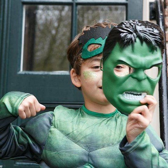Luxe groen superhelden kostuum voor kinderen met spierballen + 1 masker - 134/140 (L) 9-10 jaar - verkleedpak carnavalskleding