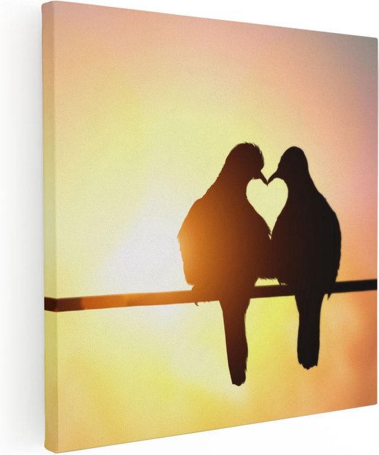 Artaza Canvas Schilderij Twee Silhouet Vogels In Een Hart Vorm - 80x80 - Groot - Foto Op Canvas - Canvas Print