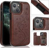 Vlinders Bloemen Dubbele Gesp PU + TPU Beschermhoes met Houder & Kaartsleuven & Fotolijst Voor iPhone 13 Pro Max (Bruin)