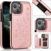 Vlinders Bloemen Dubbele gesp PU + TPU beschermhoes met houder & kaartsleuven & fotolijst voor iPhone 13 Pro Max (rosé goud)