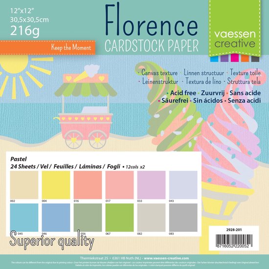 Vaessen Creative Florence cardstock papier 12"x12" 216g met pastelkleuren en canvas textuur.