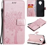 Voor Nokia 6.3 Boom & Kat Patroon Geperst Afdrukken Horizontale Flip PU Lederen Case met Houder & Kaartsleuven & Portemonnee & Lanyard (Rose goud)