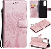 Voor OnePlus 9 Pro Tree & Cat Pattern Pressed Printing Horizontal Flip PU Leather Case met houder & kaartsleuven & portemonnee & Lanyard (rosé goud)