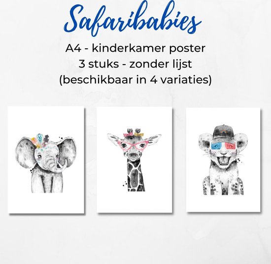 Safaribabies A4 poster - Olifant, Giraffe, Leeuw - Poster kinderkamer of babykamer - Baby kado - Design posters - Babyshower - Lief - Leuk - Dieren - Kaartje met een Staartje