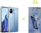 Hoesje Geschikt voor: Xiaomi Mi 11 - Anti Shock Silicone Bumper - Transparant + 2X Tempered Glass Screenprotector