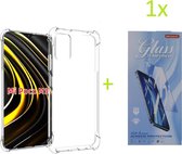 Hoesje Geschikt voor: Xiaomi POCO M3 - Anti Shock Silicone Bumper - Transparant + 1X Tempered Glass Screenprotector