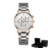 NIBOSI Horloges voor Vrouwen – Quartz - Ø 36 mm – Zilver/Rosé/Wit - Waterdicht tot 3 BAR - Chronograaf - Geschenkset