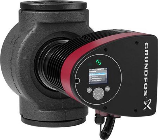 Zwarte circulatiepomp met rode band en digitaal display met GRUNDFOS logo.