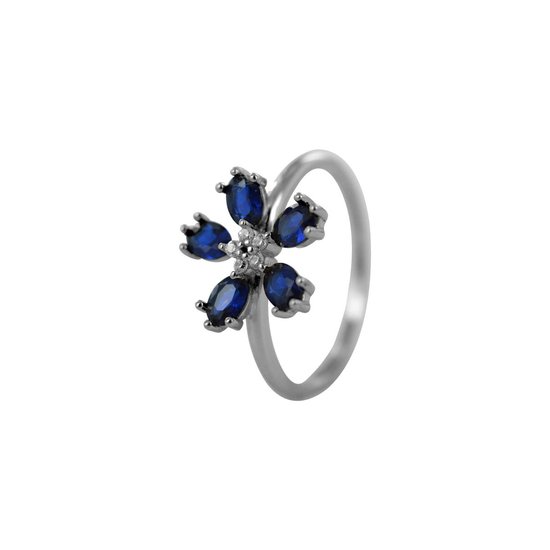 Silventi 9SIL-21498 Zilveren Ring - Dames - Bloem - 12 mm Doorsnee -Zirkonia - Blauw topaas - Maat 52 - Rhodium - Zilver