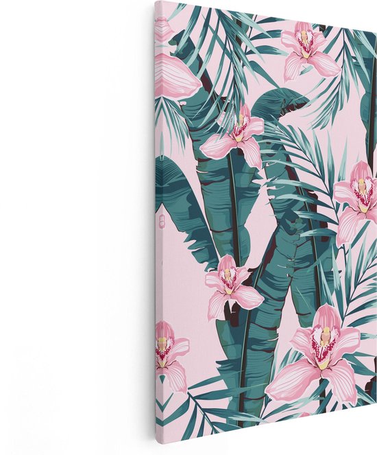 Artaza Canvas Schilderij Tropische Roze Zomer Bloemen Met Bladeren - 40x60 - Poster Foto op Canvas - Canvas Print