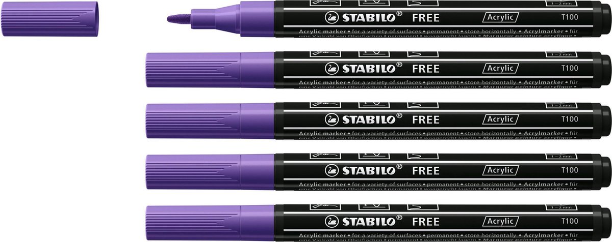 STABILO FREE - Acryl Marker - T100 - Ronde Punt - 1-2 mm - Paars - Doos 5 stuks