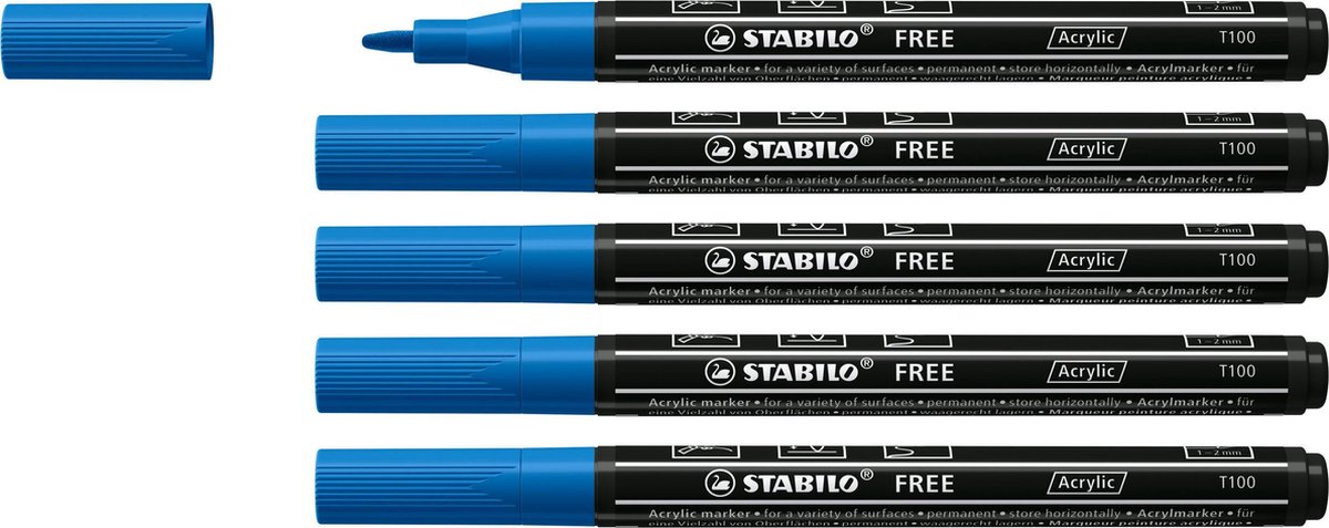 STABILO FREE - Acryl Marker - T100 - Ronde Punt - 1-2 mm - Donker Blauw - Doos 5 stuks