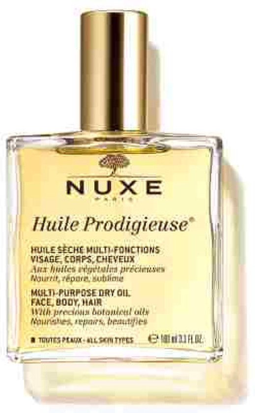 Nuxe Huile Prodigieuse multi-purpose dry oil in een glazen fles met gouden dop. 100 ml.