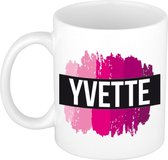 Yvette  naam cadeau mok / beker met roze verfstrepen - Cadeau collega/ moederdag/ verjaardag of als persoonlijke mok werknemers