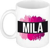 Mila  naam cadeau mok / beker met roze verfstrepen - Cadeau collega/ moederdag/ verjaardag of als persoonlijke mok werknemers