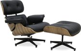 Lounge Chair met Ottoman - Design fauteuil - Walnoot - echt zwart leder