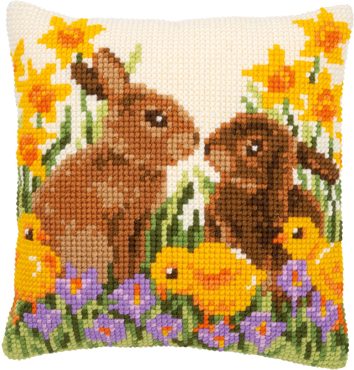 Vervaco - Kruissteekkussen kit - Pasen - Konijnen met kuikentjes - PN-0183143 - Borduren - Borduurpakket - Borduurpakket volwassenen - Borduurpakket kind