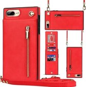 Cross-body Rits Vierkante TPU + PU Achterkant Case met Houder & Kaartsleuven & Portemonnee & Riem Voor iPhone 8 Plus/7 Plus(Rood)