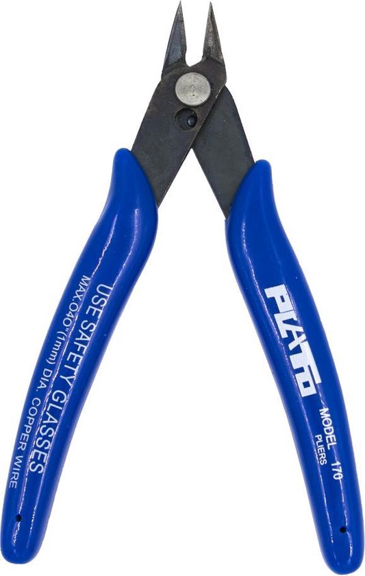 Pinces bleues avec une pointe métallique et le texte 'PLATO MODEL 170 PLIERS' et 'USE SAFETY GLASSES'.