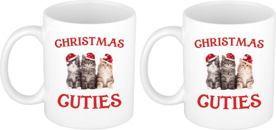 2x stuks cadeau kerstmokken Christmas cuties met kittens - 300 ml - keramiek - koffiemokken / theebekers - Kerstmis - kattenliefhebbers