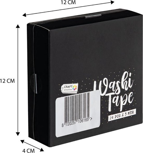 Zwarte gesloten doos met 'Washi Tape' erop. Afmetingen 12x12x4 cm.