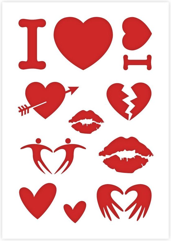Valentijn sjabloon - I Love, Liefde, Kus, Lippen, Hartje - Kunststof A4 stencil - Kindvriendelijk sjabloon geschikt voor schilderen, muren, meubilair, taarten en andere doeleinden