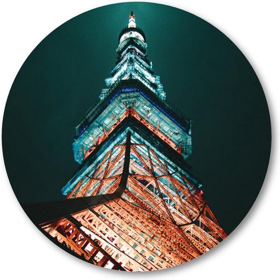 Tokiotoren (Tokyo Tower) at Night - Low Angle - Muurcirkel 60cm - Wandcirkel voor buiten - Aluminium Dibond -