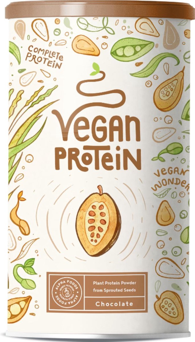 Vegan Protein | Chocolade | Plantaardige proteinen mix van soja, gekiemde rijst, erwten, lijnzaad, amaranth, zonnebloempitten, pompoenzaad | 600g eiwit poeder met natuurlijke chocolade smaak
