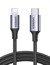 UGREEN USB C to Lightning Kabel - 1M - MFi Gecertificeerd Nylon PD Oplader kable Voor iPhone 12/12 Mini/ 12 Pro/ 12 Pro Max/SE/ 11/11 Pro/X/XR/XS MAX/ 8/8 Plus, enz. (1M, Zwart)