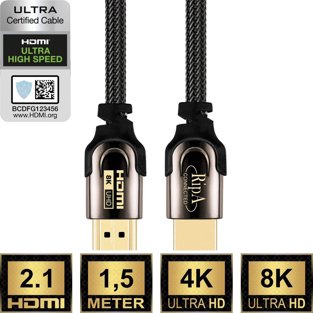 Ripa Connected HDMI Kabel 2.1 - 1,5M - UHD - Ultra High Speed 4K 8K - HDMI naar HDMI - Ripa Connected