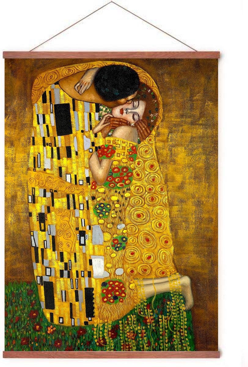 Esque Poster In Posterhanger - De Kus - Kader Hout - Gustav Klimt - 70x50 cm - Ophangsysteem