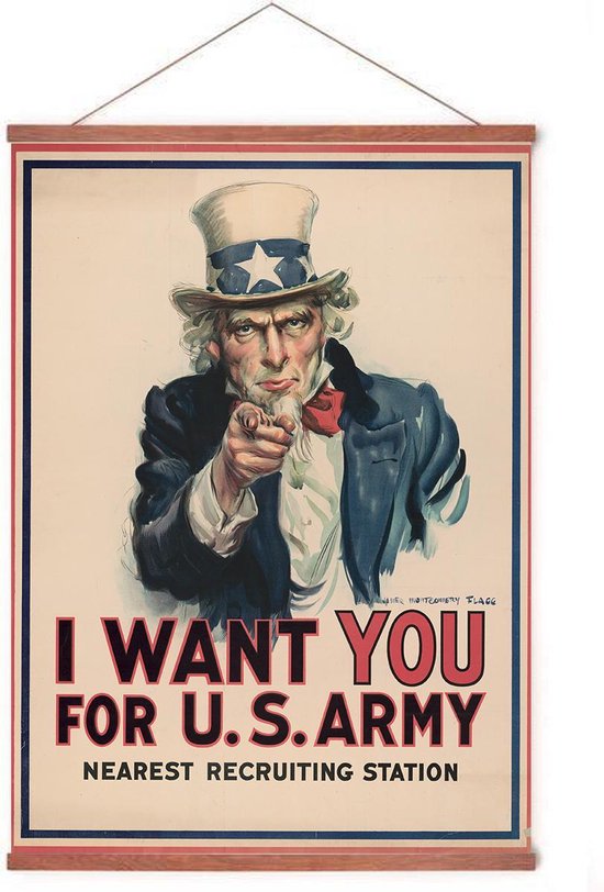 Poster In Posterhanger - Uncle Sam - Kader Hout - Eerste Wereldoorlog - 70x50 cm - Ophangsysteem